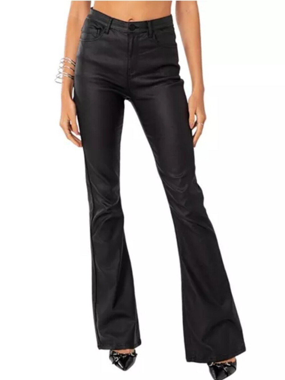 Edikted Black High-Rise Flared Faux Leather Pants Size Medium